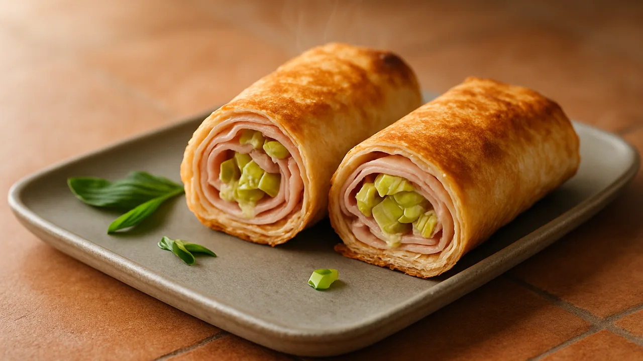 Schinken-Lauch Wrap aus dem Airfryer mit Tortilla-Wraps und Schinken, auf Terracotta-Fliesen angerichtet.