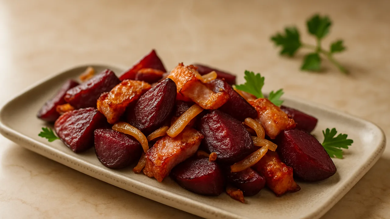 Schinken-Rote-Bete-Pfanne aus dem Airfryer mit Rote Bete und Schinken, auf beigem Marmor angerichtet.