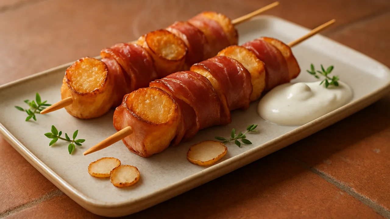 Schinken-Spieße mit Topinambur aus dem Airfryer mit Schinken und Topinambur, auf Terracotta-Fliesen angerichtet.