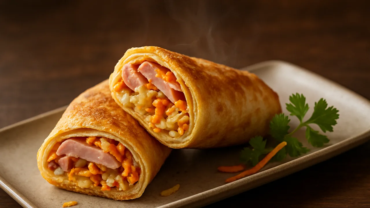 Schinken-Weißkohl Wrap Thai-Style aus dem Airfryer mit Kochschinken und Weißkohl, auf dunklem Walnussholz angerichtet.