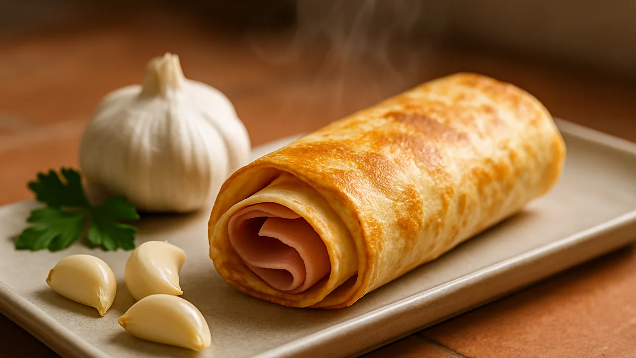 Schinken Wrap mit Knoblauch und Tortilla aus dem Airfryer mit Tortilla-Fladen und Gekochter Schinken, auf …