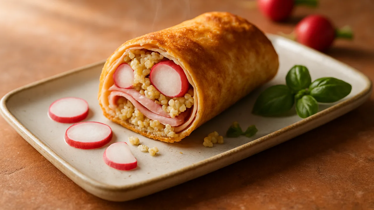 Schinken Wrap mit Radieschen und Couscous aus dem Airfryer mit Schinken und Radieschen, auf Terracotta-Fliesen angerichtet.