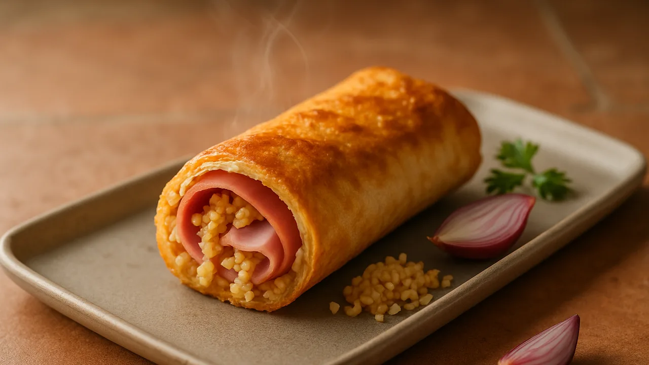 Schinken Wrap mit Schalotte und Bulgur aus dem Airfryer mit Schinken und Schalotten, auf Terracotta-Fliesen angerichtet.