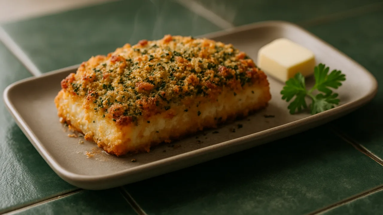 Schlemmerfilet mit Kräuterkruste aufbacken aus dem Airfryer mit Schlemmerfilet (TK) und Butter, auf dunkelgrünen Fliesen …