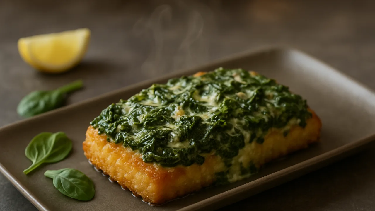 Schlemmerfilet mit Spinat überbacken aus dem Airfryer mit Schlemmerfilet (Backfisch) und Blattspinat, auf dunklem Schiefer …