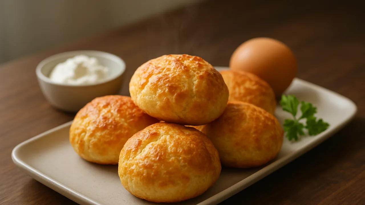 Schnelle Quark-Öl-Brötchen ohne Hefe aus dem Airfryer mit Magerquark und Ei, auf dunklem Walnussholz angerichtet.