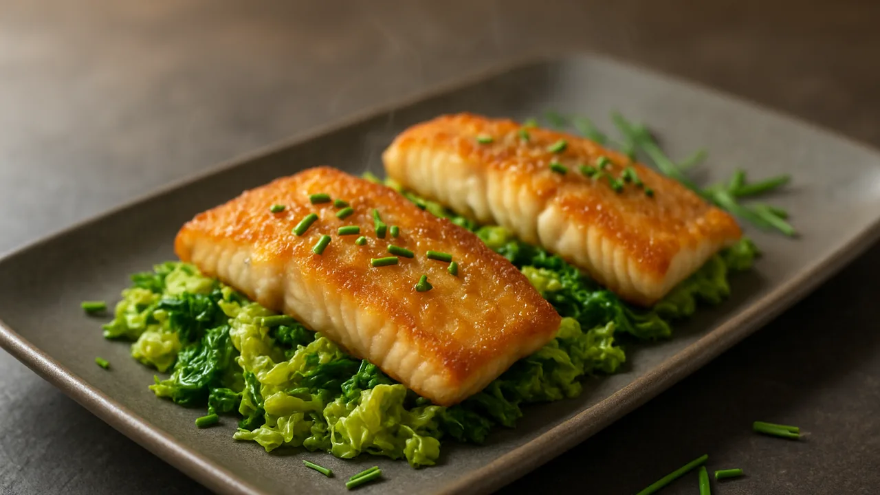 Schnittlauch-Rotbarsch mit Wirsing aus dem Airfryer mit Rotbarschfilets und Wirsing, auf dunklem Schiefer angerichtet.