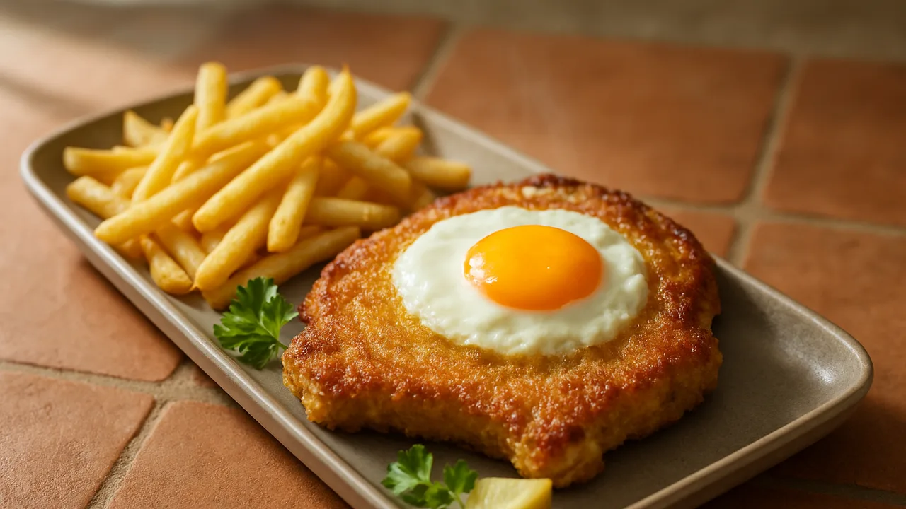 Schnitzel mit Pommes in zwei Zonen aus dem Airfryer mit Schweinekotelett und Ei, auf Terracotta-Fliesen angerichtet.