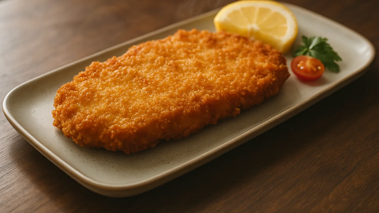 Schnitzel vom Vortag wieder knusprig aufwärmen aus dem Airfryer mit paniertes Schnitzel vom Vortag, auf dunklem Walnussholz …