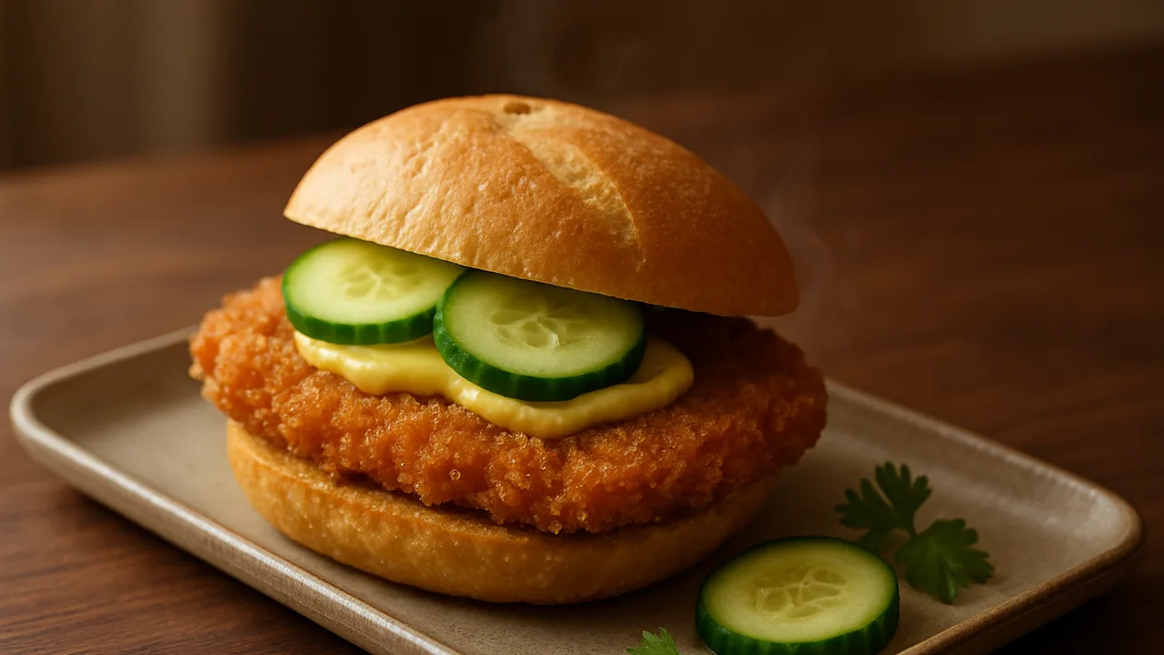 Schnitzelbrötchen mit Gurke und Senf aus dem Airfryer mit Paniertes Schnitzel (TK) und Brötchen, auf dunklem Walnussholz …