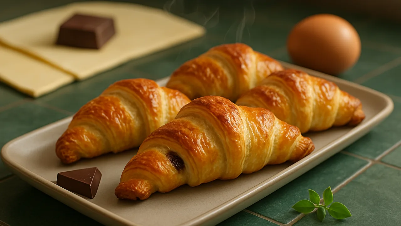 Schoko-Croissants aus Blätterteig aus dem Airfryer mit Blätterteig (ausgerollt) und Schokolade, auf dunkelgrünen Fliesen …