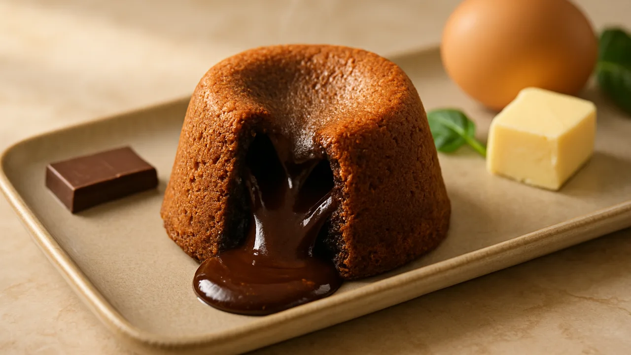 Schoko-Lava-Cake mit flüssigem Kern aus dem Airfryer mit Zartbitterschokolade und Butter, auf beigem Marmor angerichtet.