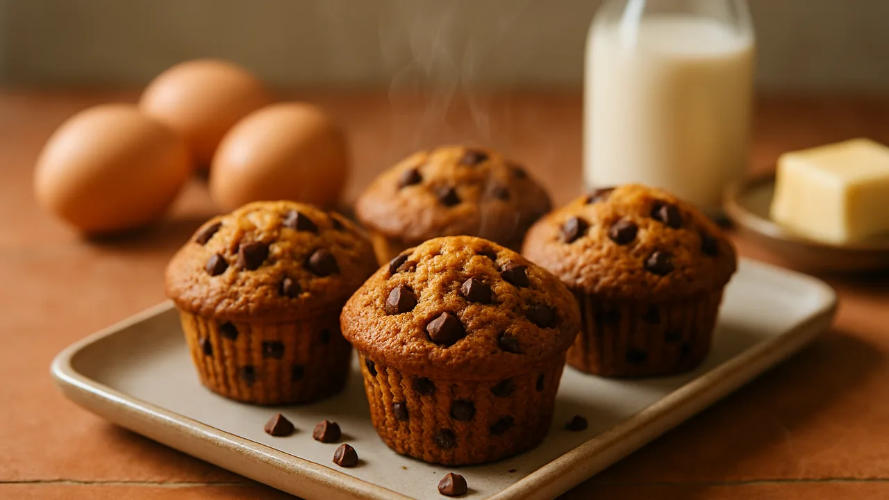 Schoko-Muffins mit Schokostückchen aus dem Airfryer mit Eier und Milch, auf Terracotta-Fliesen angerichtet.