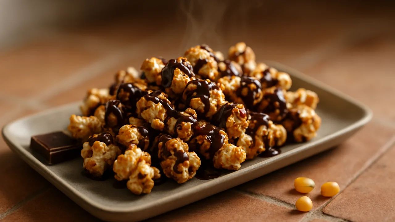Schoko-Popcorn mit Zartbitterschokolade aus dem Airfryer mit Popcornmais und Zartbitterschokolade, auf Terracotta-Fliesen …