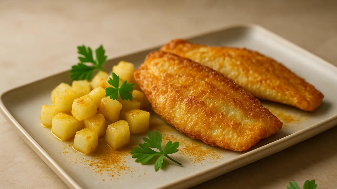 Scholle Curry mit Kohlrabi aus dem Airfryer mit Schollenfilets und Kohlrabi, auf beigem Marmor angerichtet.