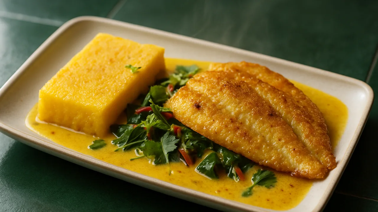 Scholle Curry mit Mangold und Polenta aus dem Airfryer mit Schollenfilets und Currypulver, auf dunkelgrünen Fliesen …