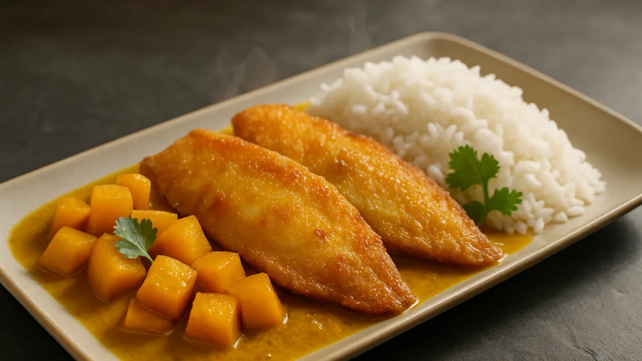 Scholle Curry mit Steckrübe und Reis aus dem Airfryer mit Schollenfilets und Steckrübe, auf dunklem Schiefer angerichtet.