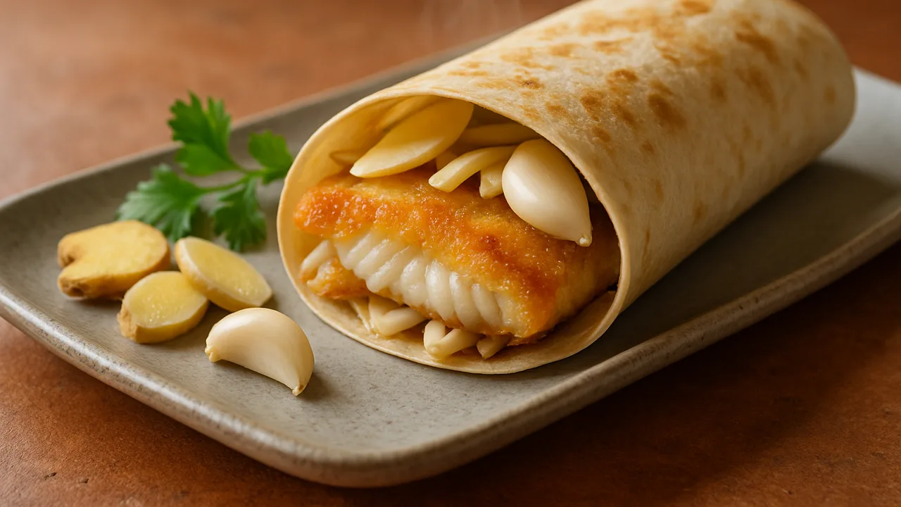 Scholle-Ingwer Wrap aus dem Airfryer mit Schollenfilet und Ingwer, auf Terracotta-Fliesen angerichtet.