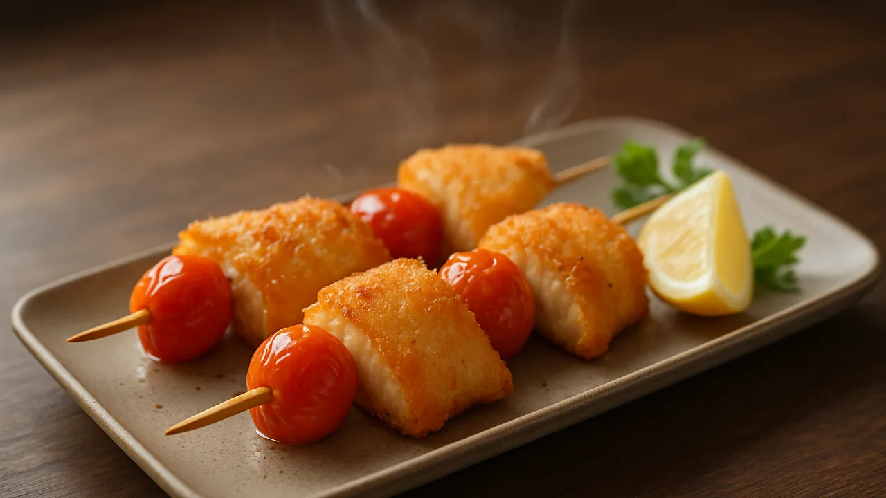 Scholle-Spieße mit Tomate aus dem Airfryer mit Schollenfilet und Kirschtomaten, auf dunklem Walnussholz angerichtet.