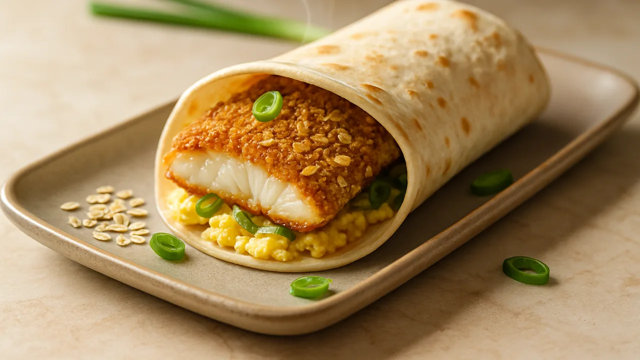 Scholle Wrap mit Frühlingszwiebel und Haferflocken aus dem Airfryer mit Schollenfilet und Haferflocken, auf beigem Marmor …