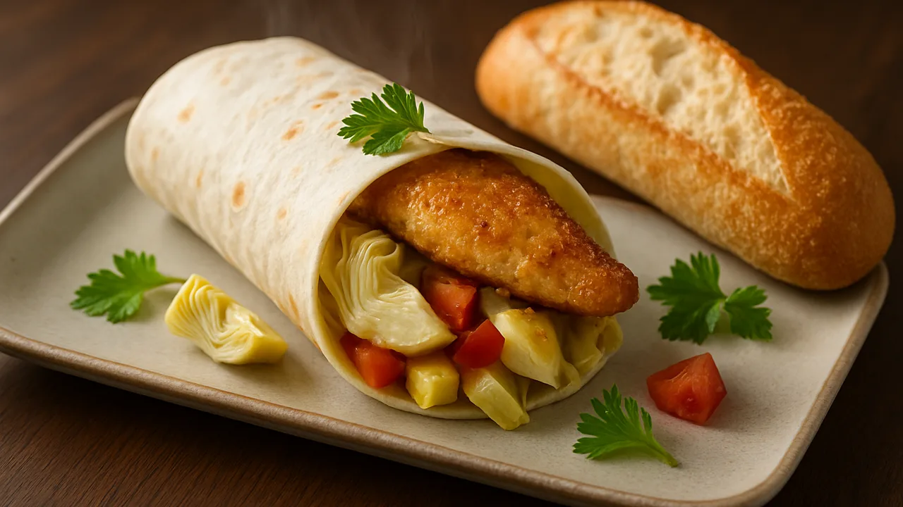 Scholle-Wrap mit Artischocke und Baguette aus dem Airfryer mit Schollenfilets und Artischockenherzen, auf dunklem …
