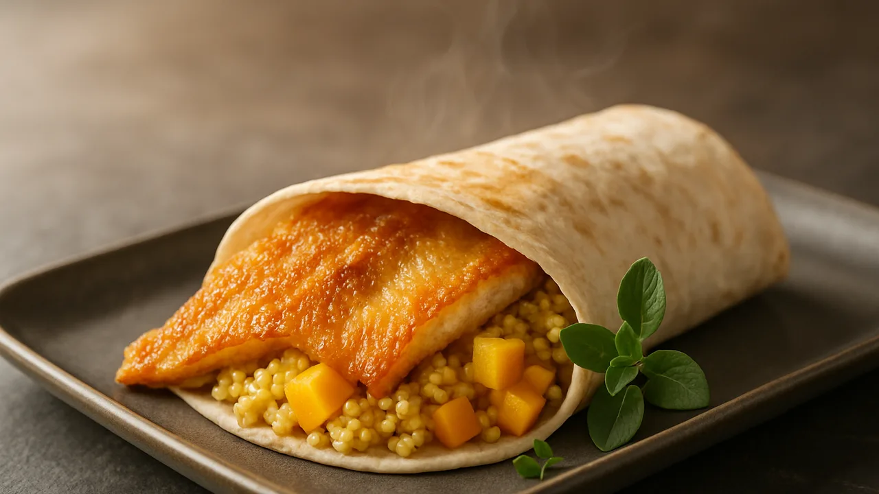 Scholle Wrap mit Steckrübe und Hirse aus dem Airfryer mit Schollenfilets und Steckrübe, auf dunklem Schiefer angerichtet.