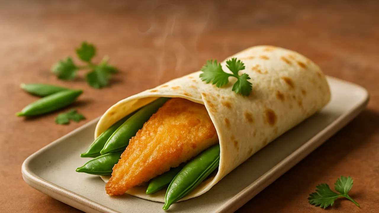 Scholle Wrap mit Zuckerschoten und Tortilla aus dem Airfryer mit Schollenfilet und Zuckerschoten, auf Terracotta-Fliesen …
