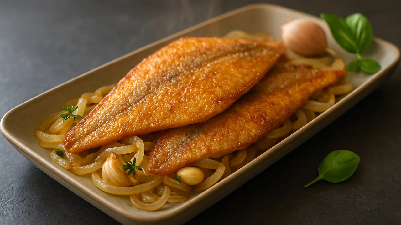 Scholle-Zwiebel-Pfanne aus dem Airfryer mit Schollenfilets und Zwiebeln, auf dunklem Schiefer angerichtet.