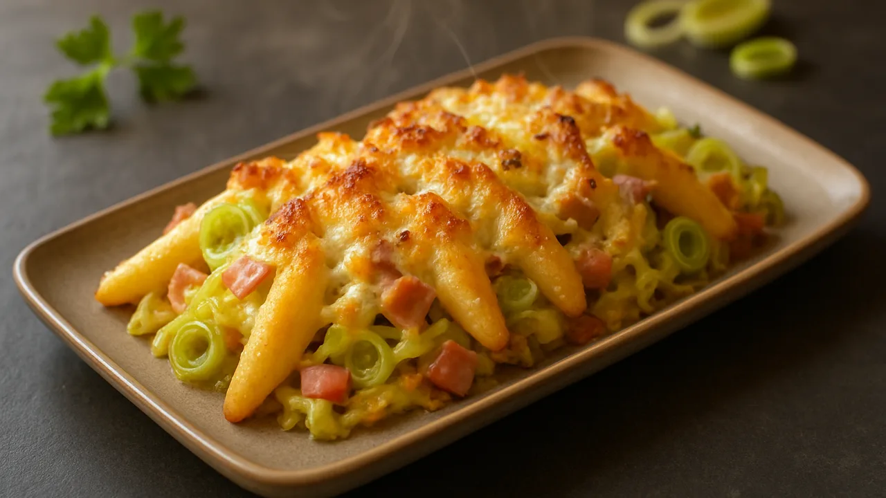 Schupfnudel-Gratin mit Lauch und Schinken aus dem Airfryer mit Schupfnudeln und Lauch, auf dunklem Schiefer angerichtet.