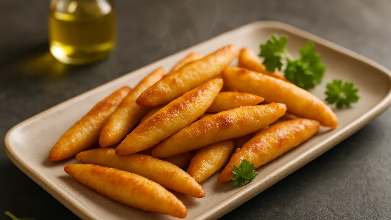 Schupfnudeln im Airfryer – knusprig statt gebraten mit Schupfnudeln und Sonnenblumenöl, auf dunklem Schiefer angerichtet.