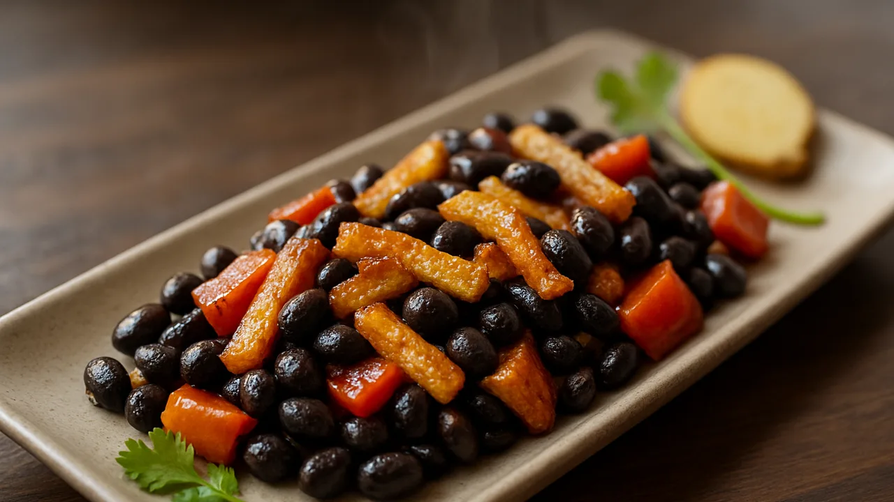 Schwarze Bohnen-Ingwer-Pfanne aus dem Airfryer mit Schwarze Bohnen und Ingwer, auf dunklem Walnussholz angerichtet.