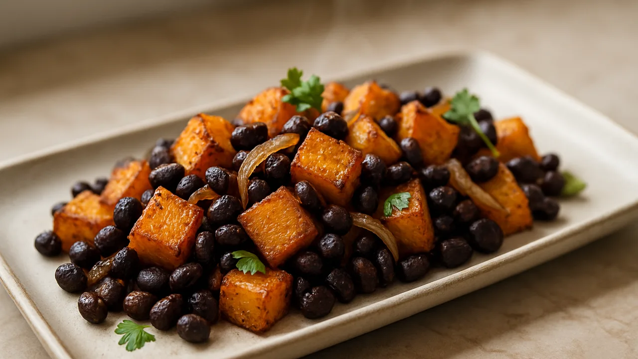Schwarze Bohnen-Kürbis-Pfanne aus dem Airfryer mit Kürbis und Schwarze Bohnen, auf beigem Marmor angerichtet.