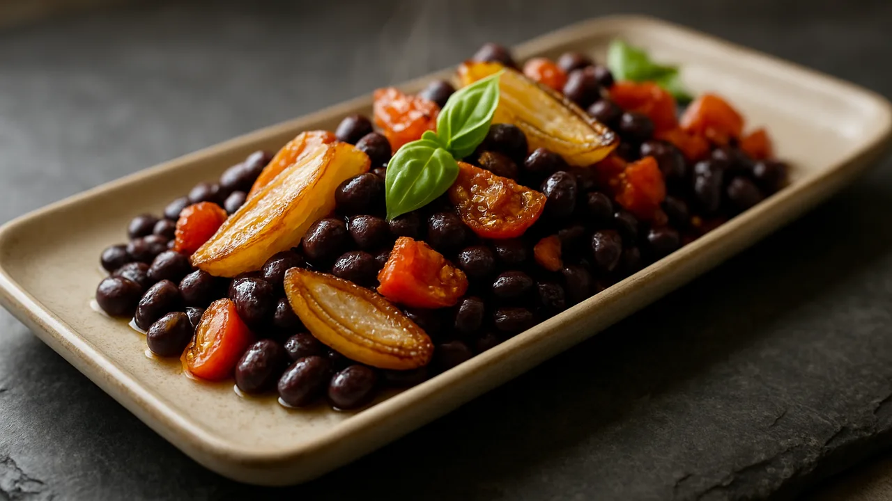 Schwarze Bohnen-Schalotte-Pfanne aus dem Airfryer mit schwarze Bohnen, abgetropft und Schalotten, auf dunklem Schiefer …