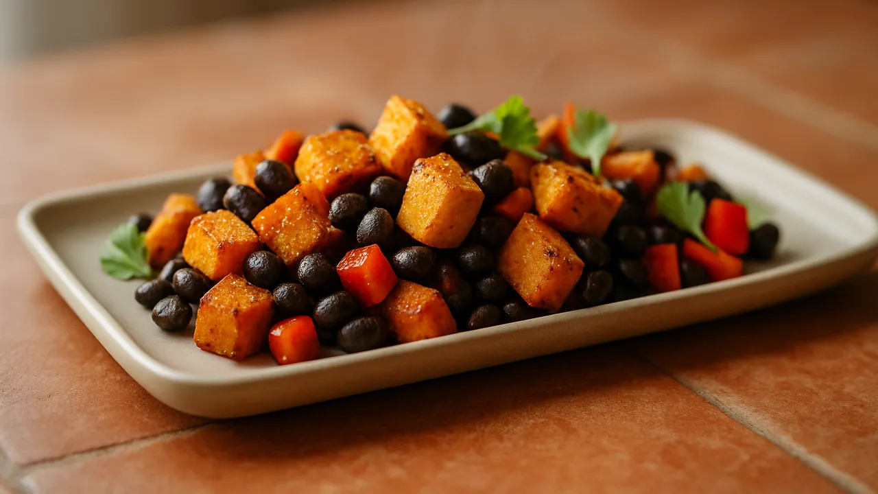 Schwarze Bohnen-Süßkartoffel-Pfanne aus dem Airfryer mit Schwarze Bohnen und Süßkartoffel, auf Terracotta-Fliesen …