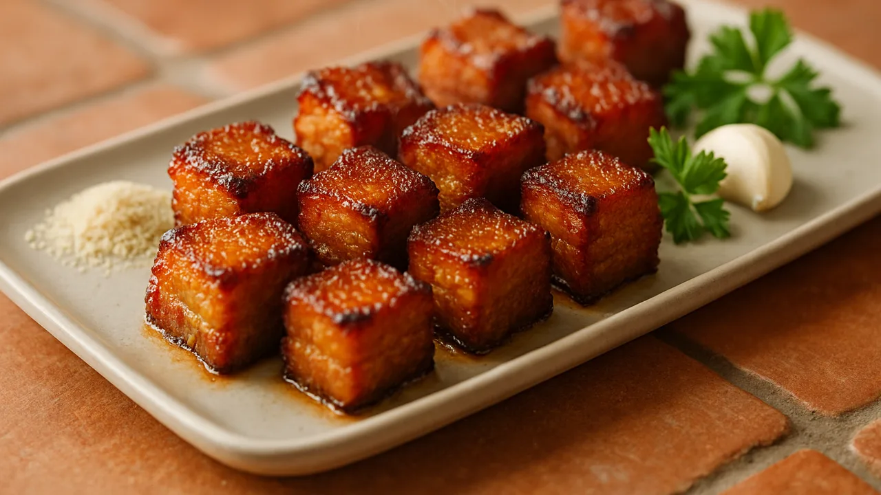 Schweinebauch-Würfel als Burnt Ends aus dem Airfryer mit Schweinebauch und Knoblauchpulver, auf Terracotta-Fliesen …