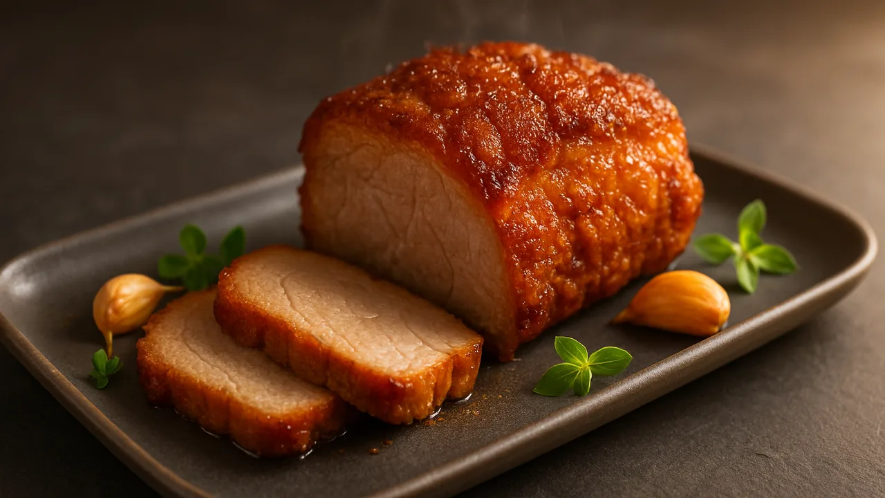 Schweinebraten für zwei – kleines Stück aus dem Airfryer mit Schweinenacken, am Stück und Knoblauchzehen, auf dunklem …