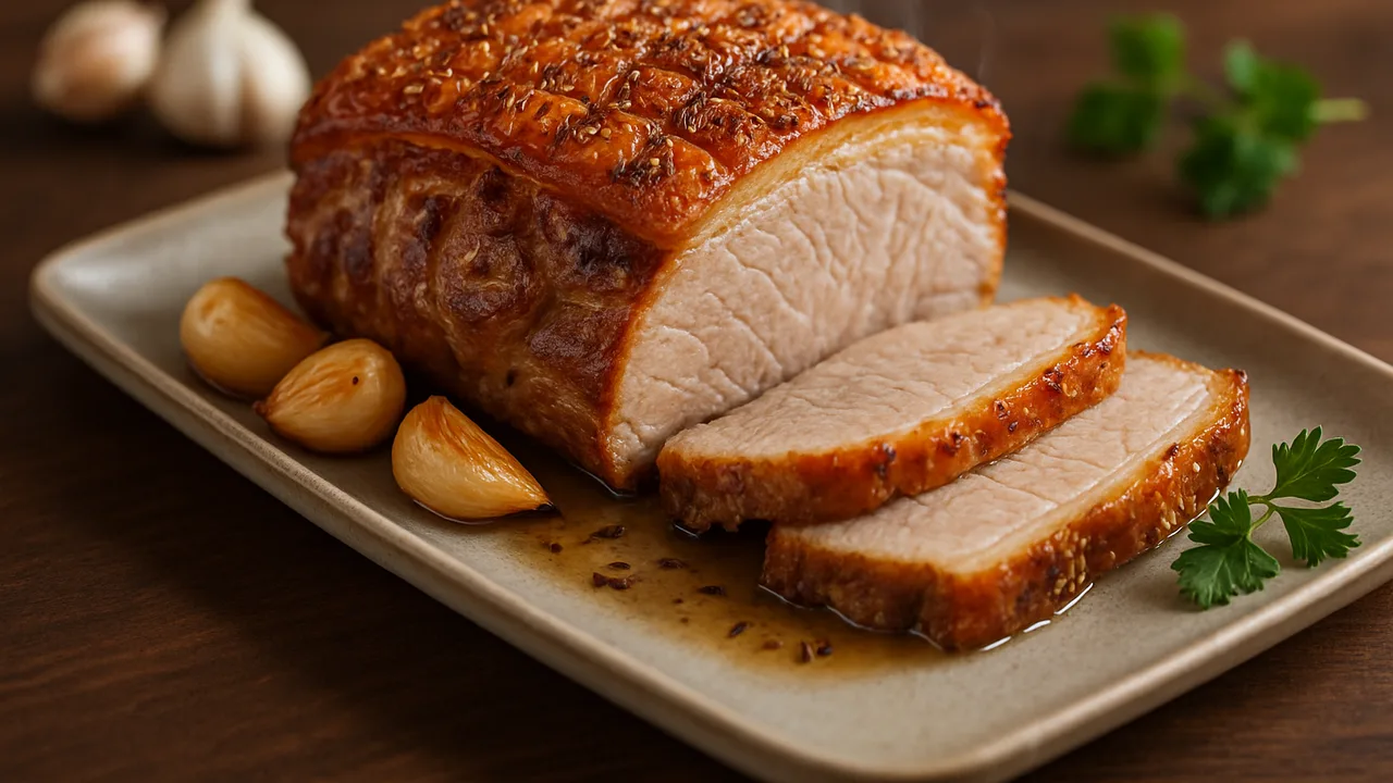 Schweinebraten mit Kümmel und Knoblauch aus dem Airfryer mit Schweinenacken mit Schwarte und Knoblauchzehen, auf dunklem …