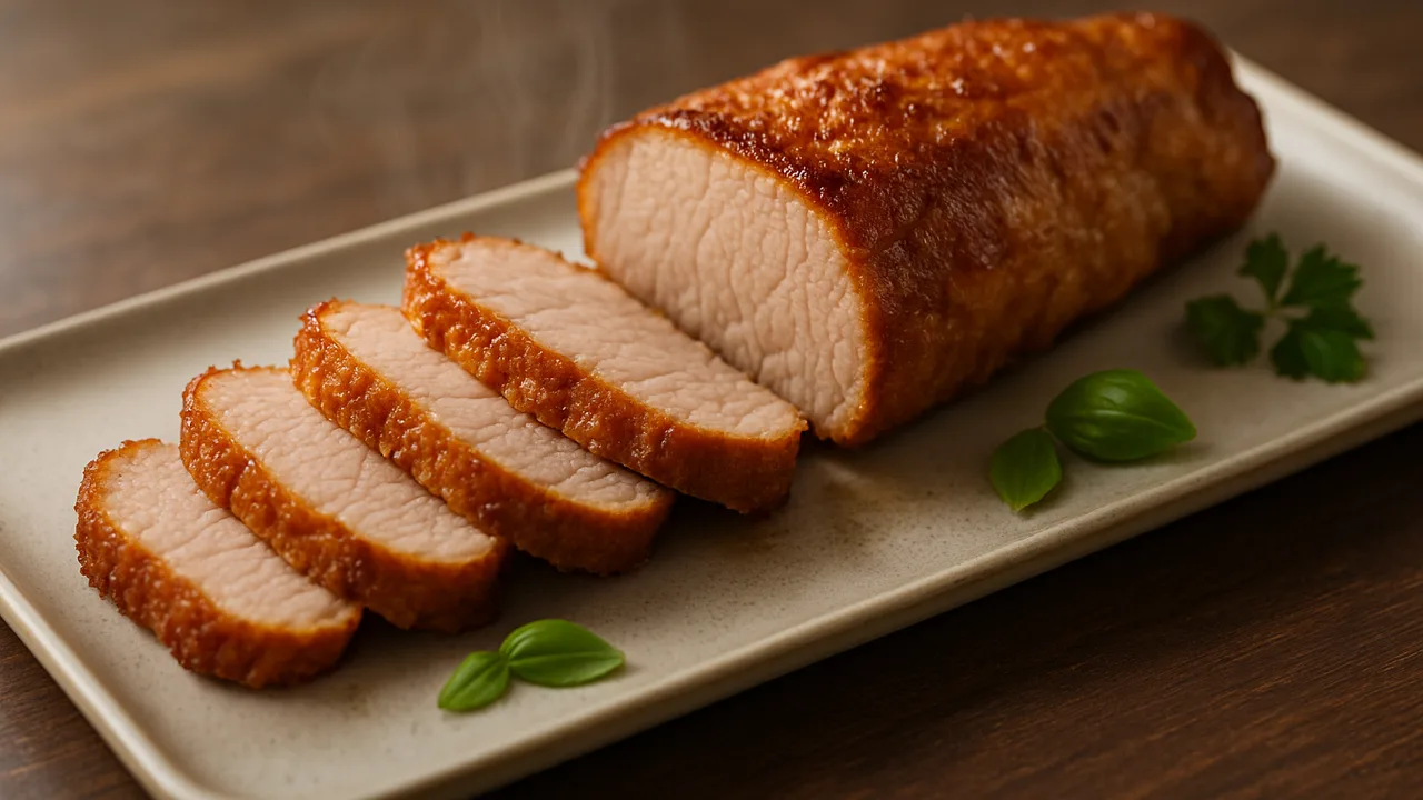 Schweinefilet im Airfryer – saftig und zart mit Schweinefilet, auf dunklem Walnussholz angerichtet.