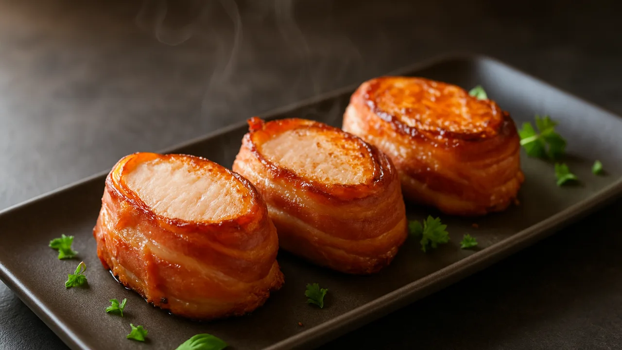Schweinefilet im Speckmantel aus dem Airfryer mit Schweinefilet und Speckscheiben, auf dunklem Schiefer angerichtet.