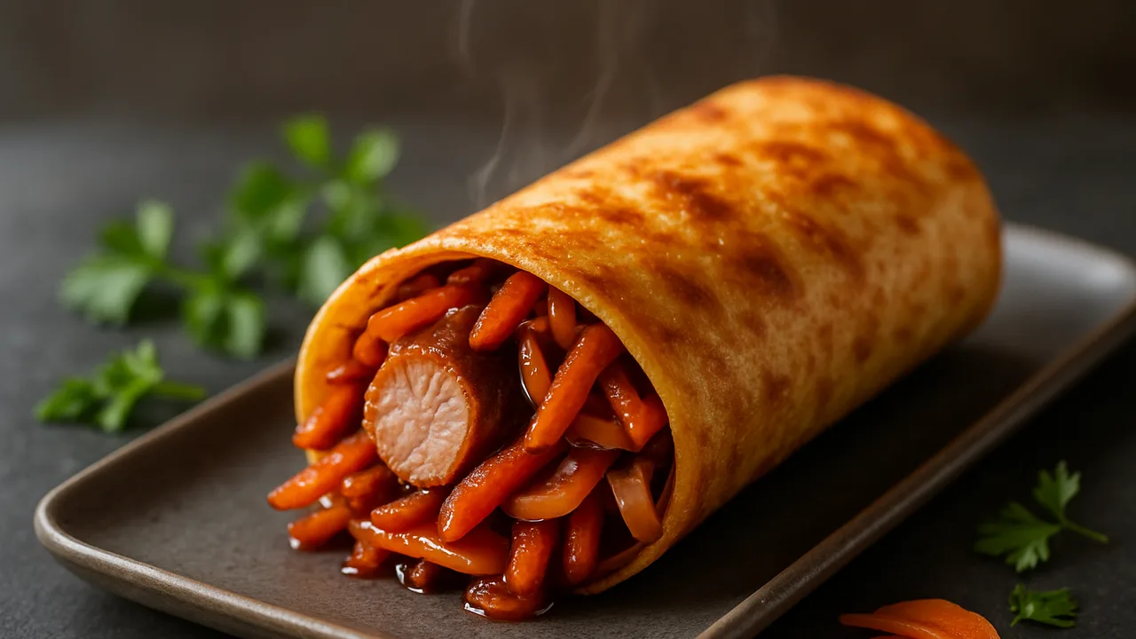 Schweinefilet-Karotten Wrap mit BBQ-Note aus dem Airfryer mit Schweinefilet und Karotten, auf dunklem Schiefer angerichtet.