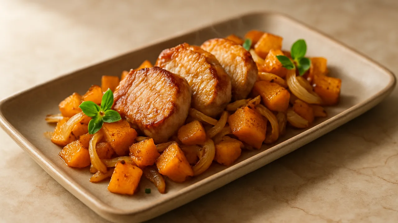 Schweinefilet-Kürbis-Pfanne aus dem Airfryer mit Schweinefilet und Kürbis, auf beigem Marmor angerichtet.