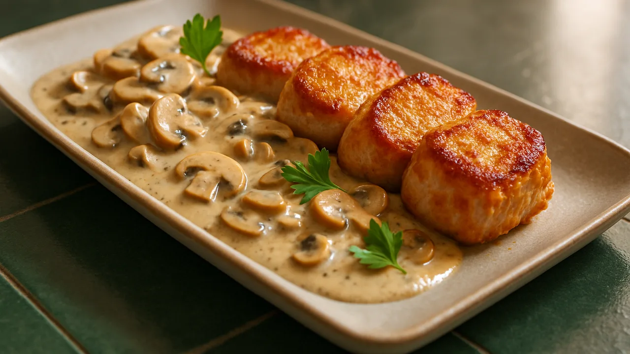 Schweinefilet mit Pilzrahm aus dem Airfryer mit Schweinefilet und Champignons, auf dunkelgrünen Fliesen angerichtet.