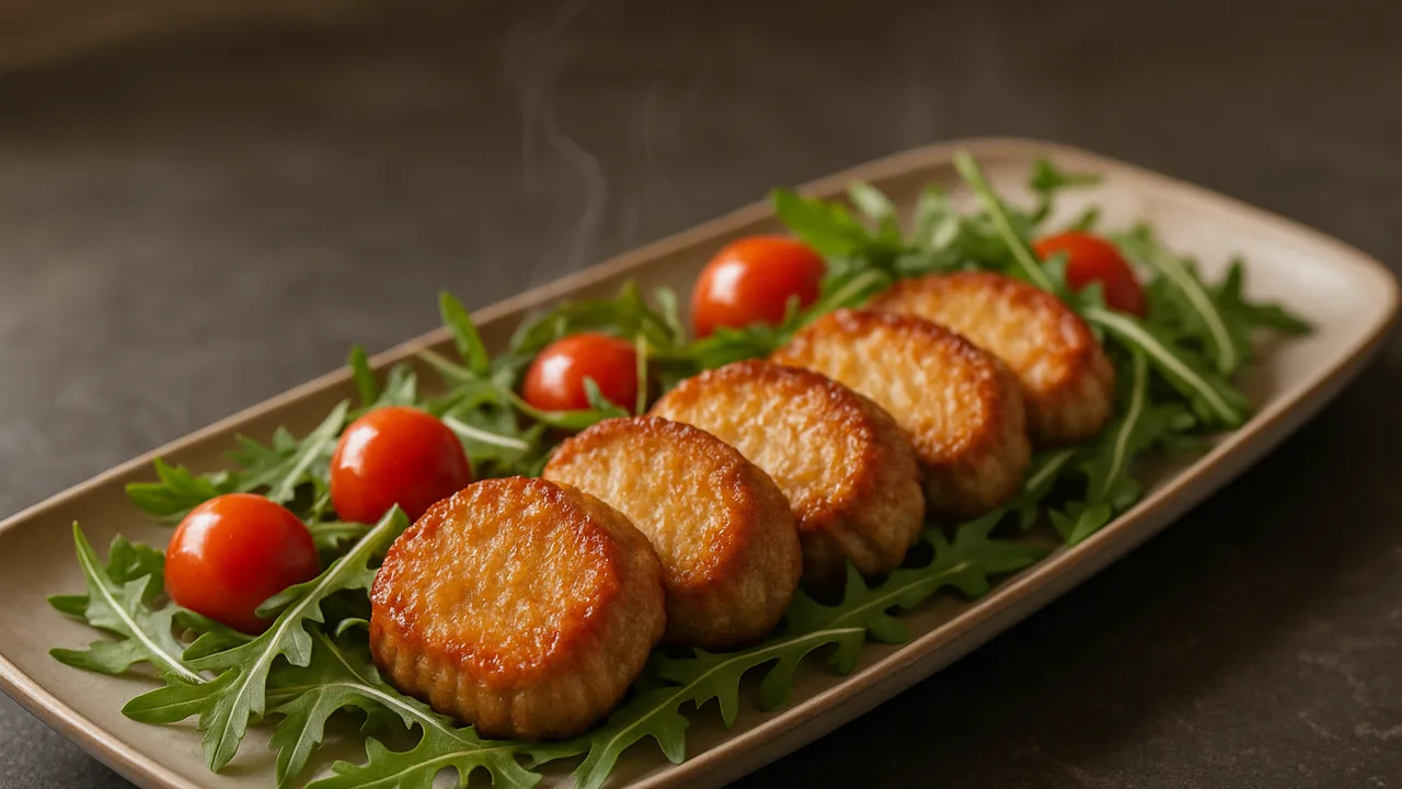 Italienisch Schweinefilet mit Rucola aus dem Airfryer mit Schweinefilet und Kirschtomaten, auf dunklem Schiefer angerichtet.