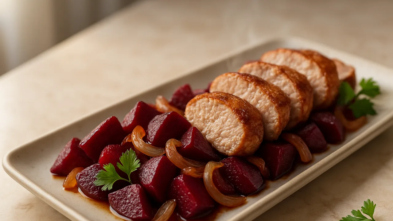 Schweinefilet-Rote-Bete-Pfanne aus dem Airfryer mit Schweinefilet und Rote Bete, auf beigem Marmor angerichtet.