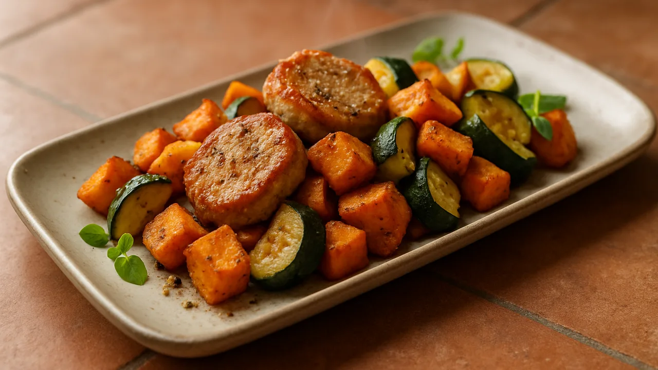 Griechische Schweinefilet-Süßkartoffel-Pfanne aus dem Airfryer mit Schweinefilet und Süßkartoffel, auf Terracotta-Fliesen …