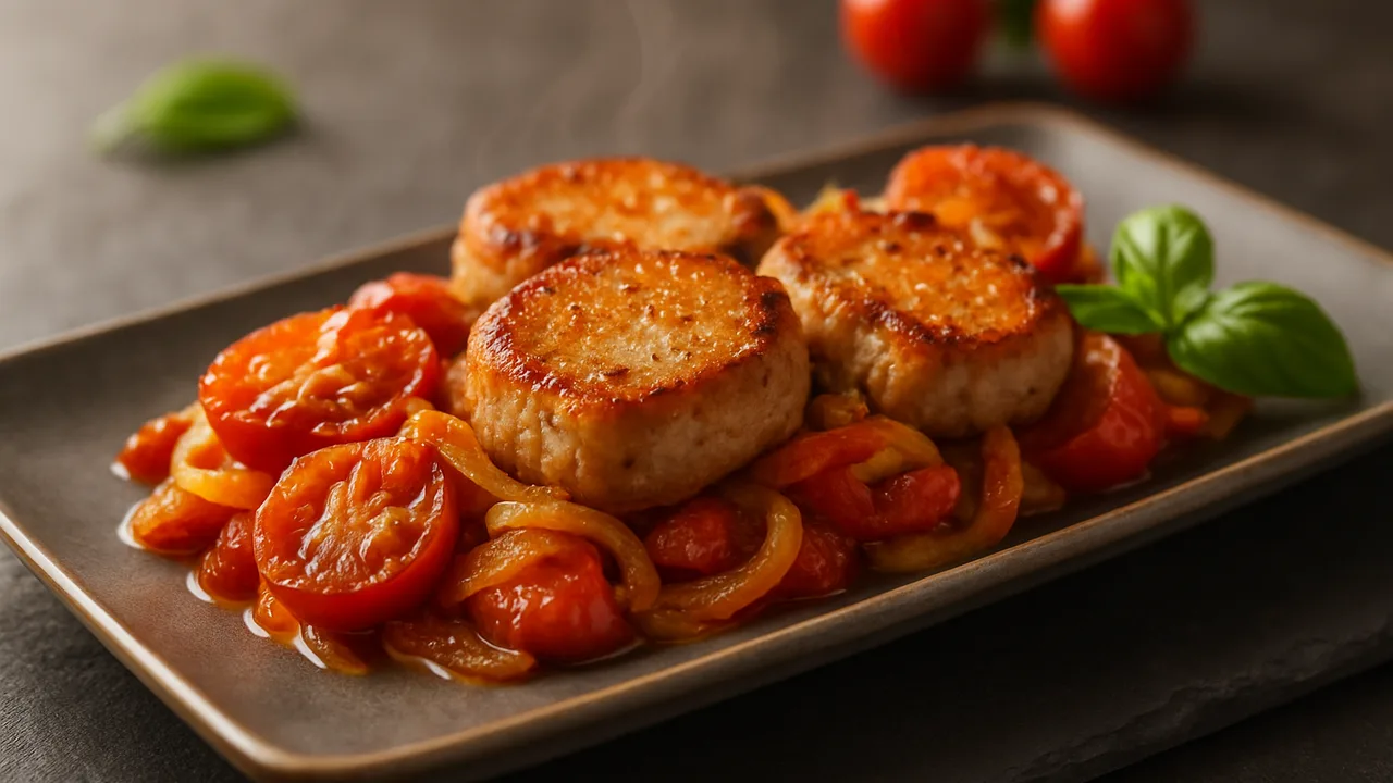 Schweinefilet-Tomaten-Pfanne aus dem Airfryer mit Schweinefilet und Tomaten, auf dunklem Schiefer angerichtet.