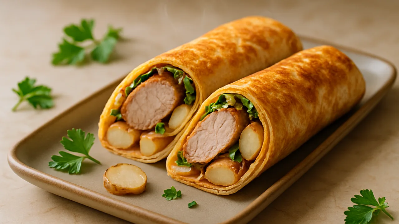 Schweinefilet-Topinambur Wrap aus dem Airfryer mit Schweinefilet und Topinambur, auf beigem Marmor angerichtet.