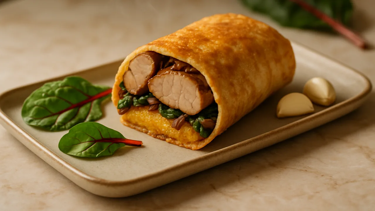 Schweinefilet Wrap mit Mangold und Polenta aus dem Airfryer mit Schweinefilet und Sojasauce, auf beigem Marmor angerichtet.