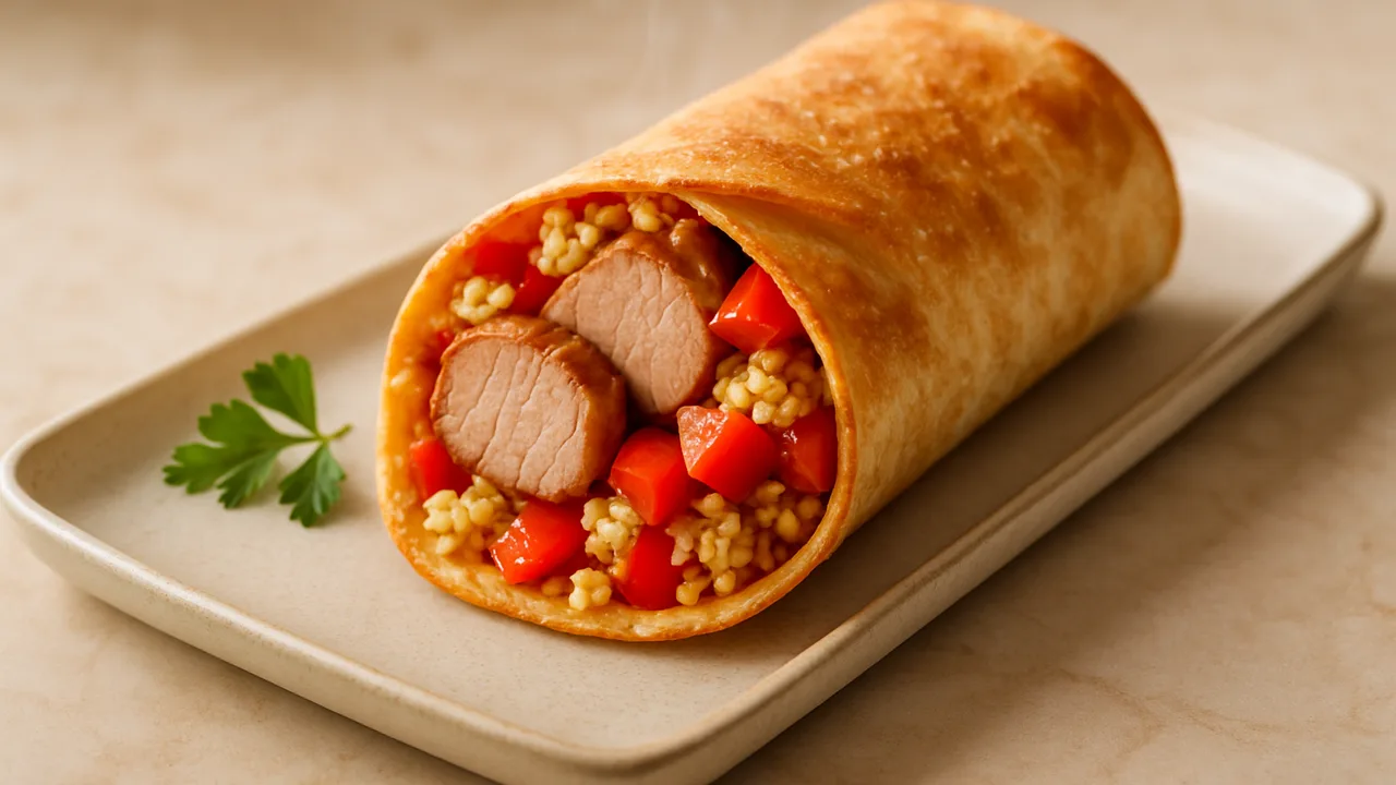 Schweinefilet Wrap mit Paprika und Couscous aus dem Airfryer mit Schweinefilet und Paprika, auf beigem Marmor angerichtet.