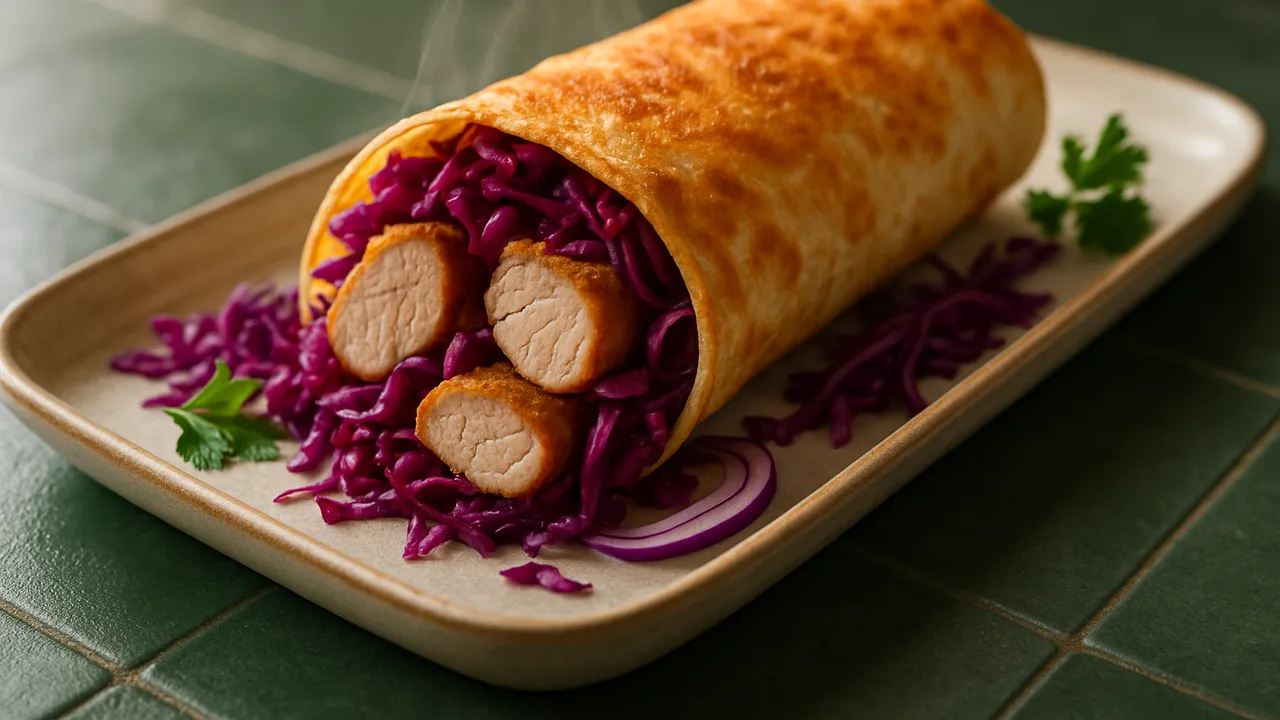 Schweinefilet Wrap mit Rotkohl und Tortilla aus dem Airfryer mit Schweinefilet und Rotkohl, auf dunkelgrünen Fliesen …